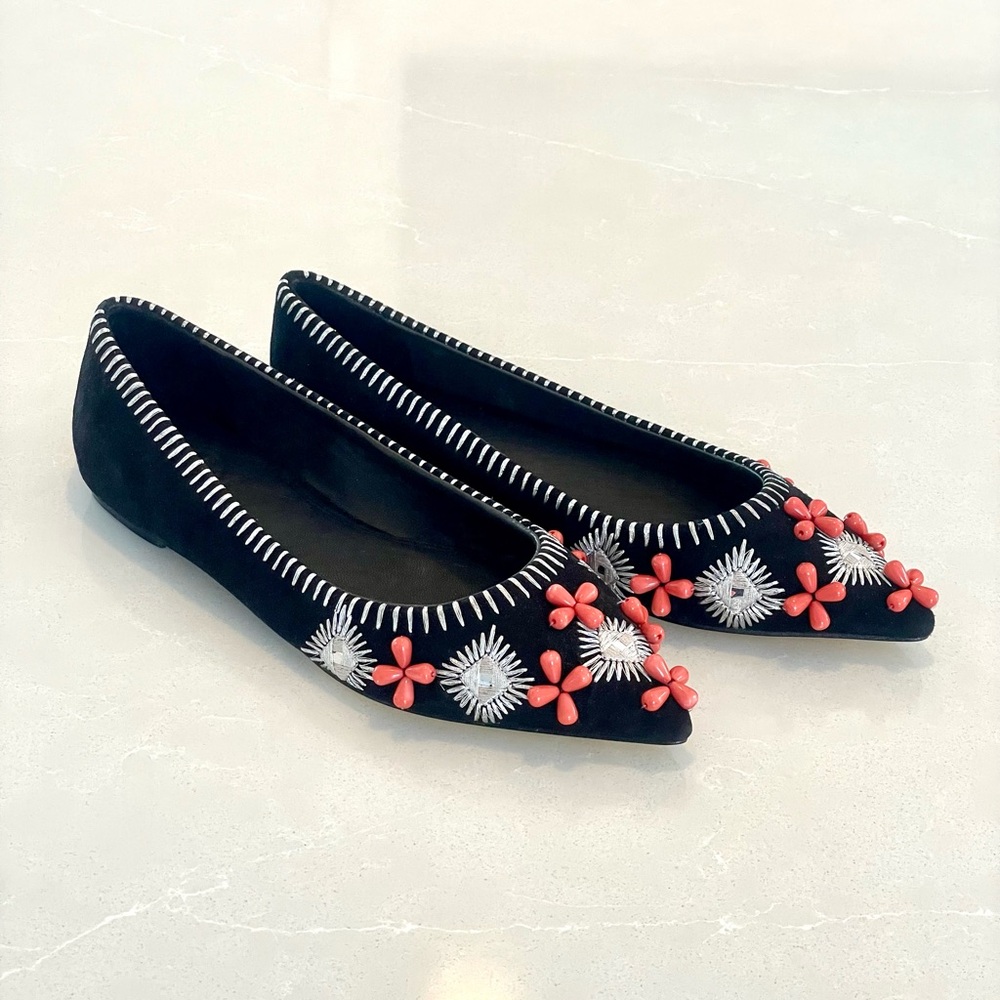 Tory Burch New Pointy Toe Black Suede Flats with Embroidery Leather sole